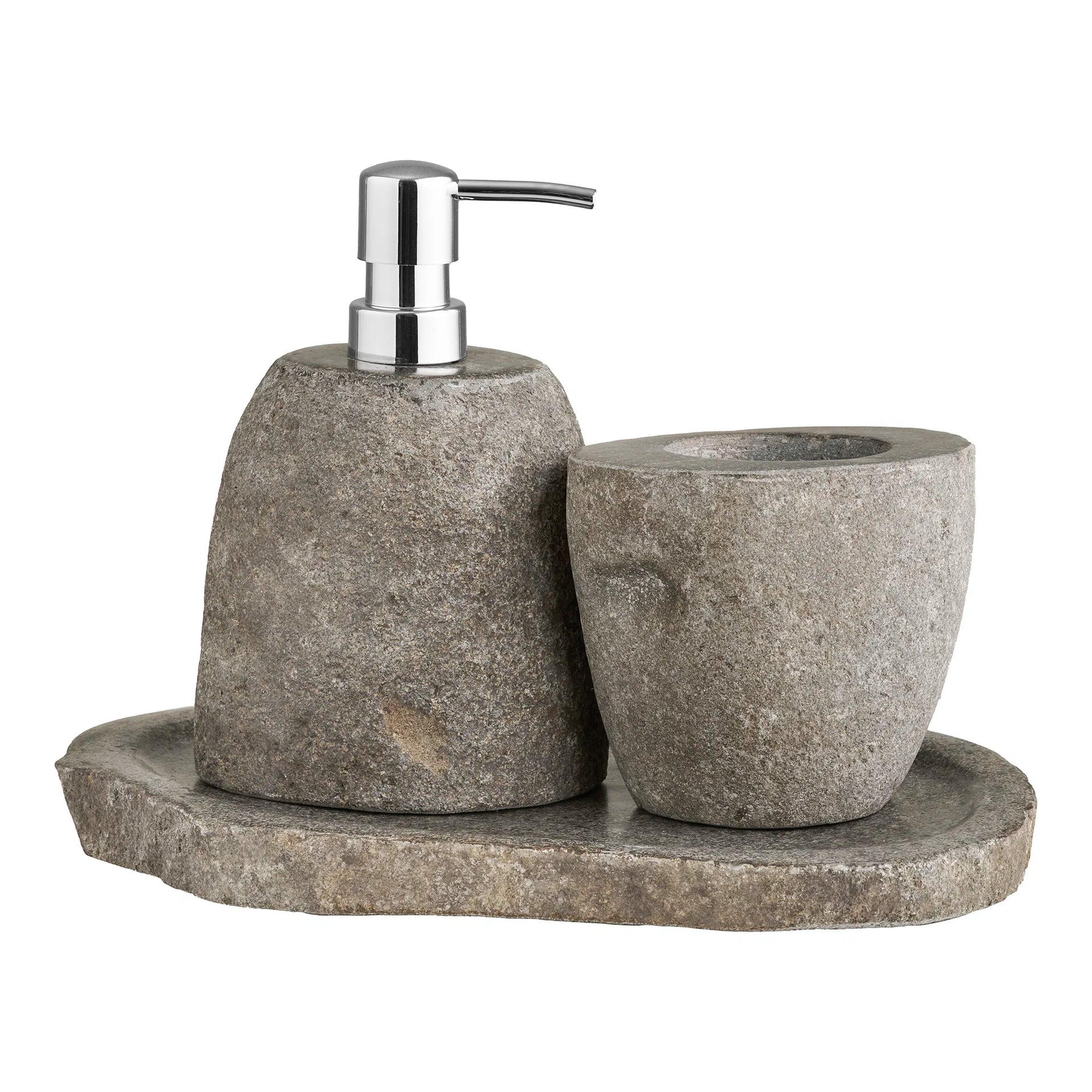 Gara Set de baie, Cupa de depozitare, Dispensator de săpun, tava - Piatră - Naturală