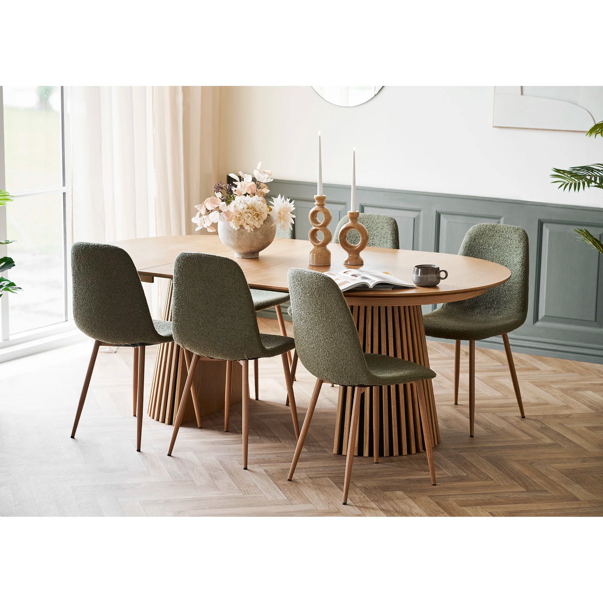Set de mese Osaka și Stockholm - furnir de stejar, MDF, oțel, poliester, placaj - stejar / verde închis