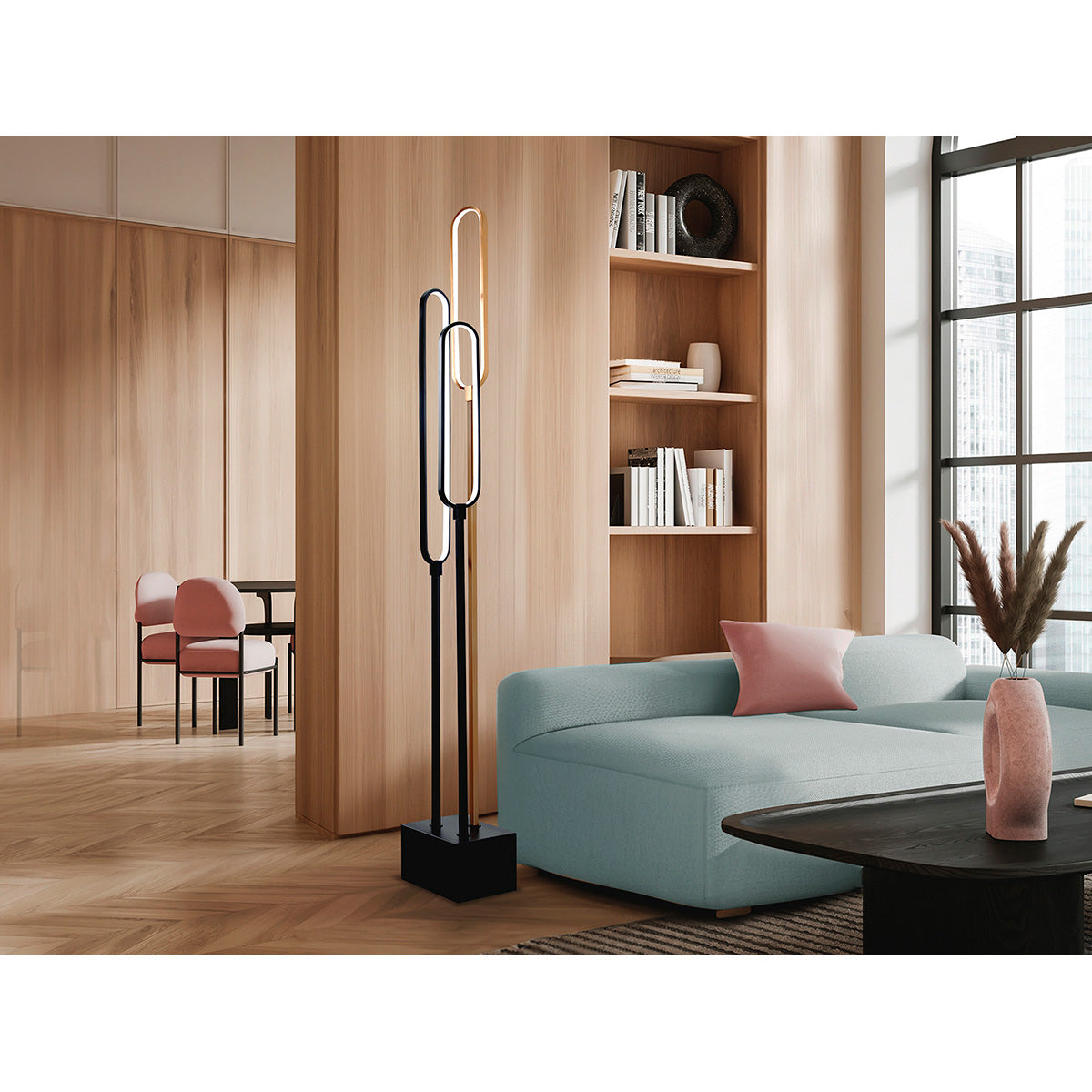 Lampă de podea cu 3 LED-uri din aluminiu periat, finisaj auriu-roz și negru mat, difuzoare din silicon opal