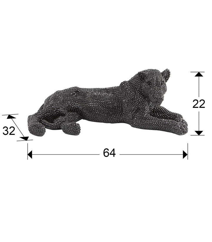 Figurină mică Leona neagră din polirășină, leoaică culcată cu finisaj lucios și detalii care imită bijuterii, decor elegant pentru birou sau living.