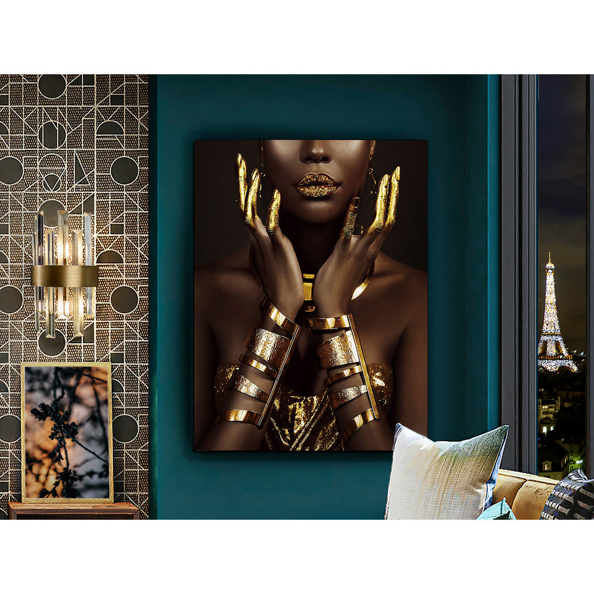 Fotografie Umbra și Aur 80x120 imprimată pe sticlă securizată, cu suport din fier forjat, decor modern de perete