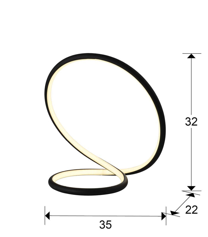 Lampă de masă Infinito neagră din aluminiu, finisaj negru mat șlefuit, cu difuzor din silicon opal și iluminare LED dimabilă, design modern elegant.