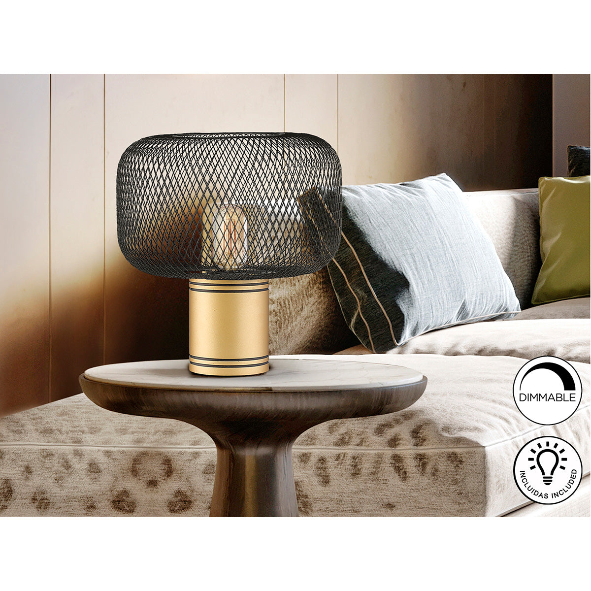 Lampă de masă Osiris 1L, metal auriu cu abajur din plasă metalică negru mat, design modern și elegant pentru birou, dormitor sau living.