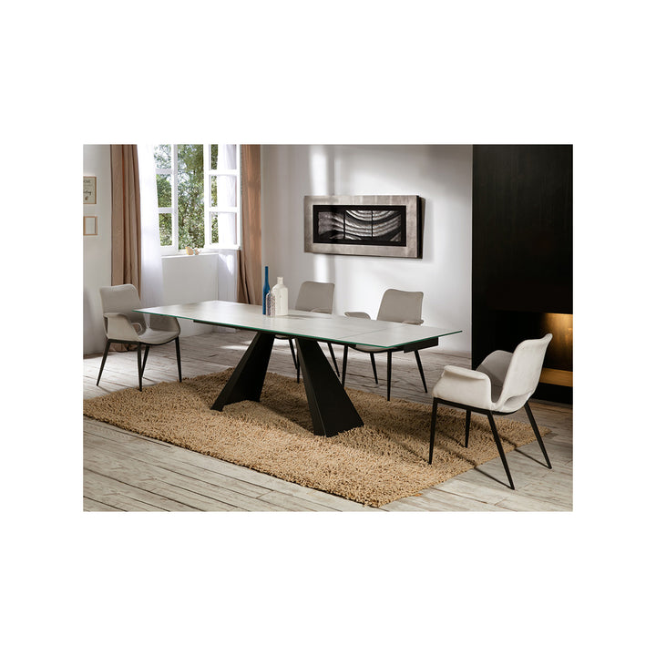 Masă extensibilă modernă metalică negru mat cu blat din sticlă securizată albă venată