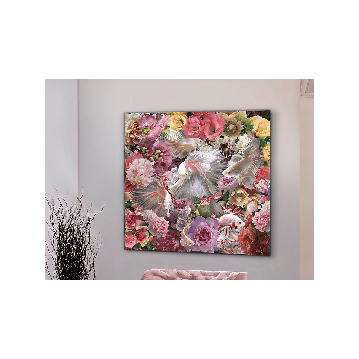 Fotografía de Pez Luchador Siam 120x120 montada en vidrio securizado con feronerie para colgar
