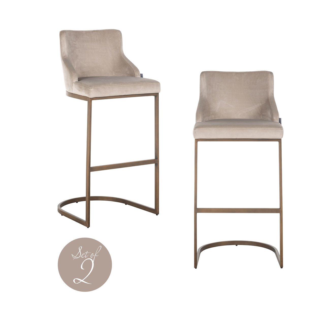 Bar Stool Bolton Khaki Velvet Brushed Gold Fire Retardant – Set 2