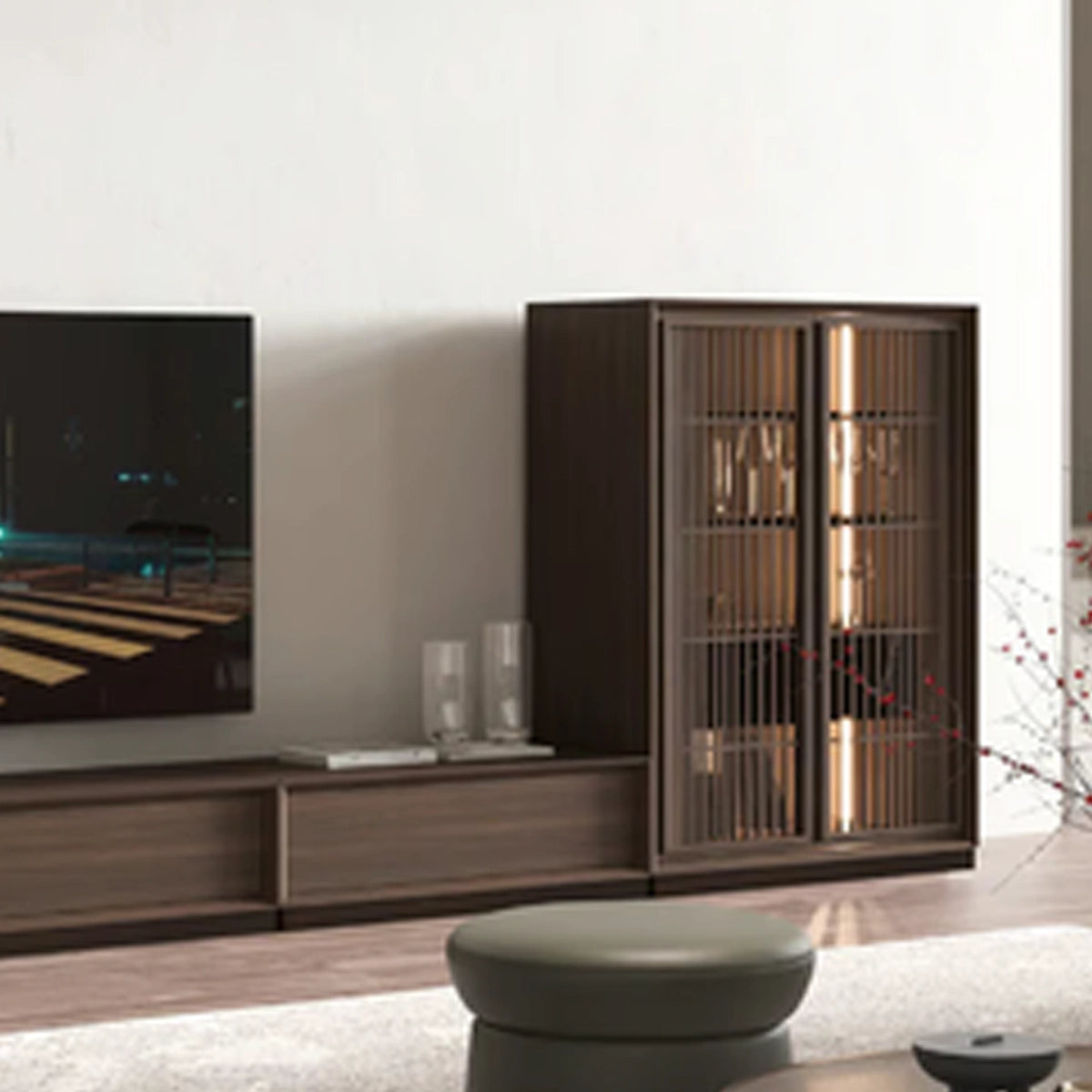 Buffet Riva – Modul Depozitare cu Sticla si Lemn Nuc