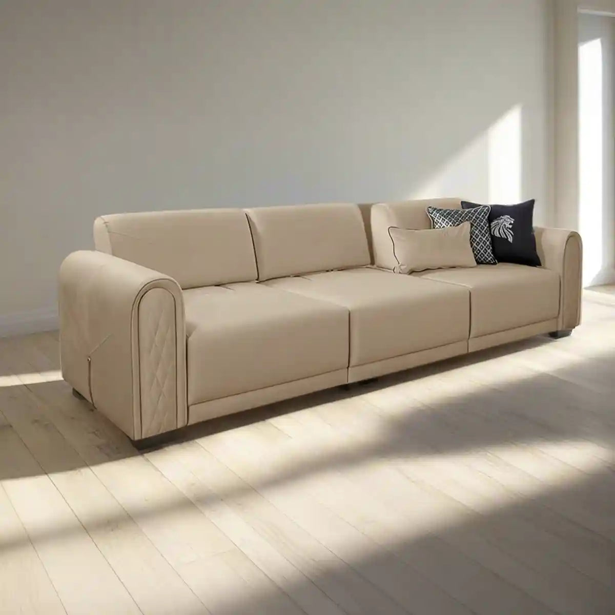 Canapea Vito 4L, Catifea, Bej - 2 perne premium incluse, 305x95x85