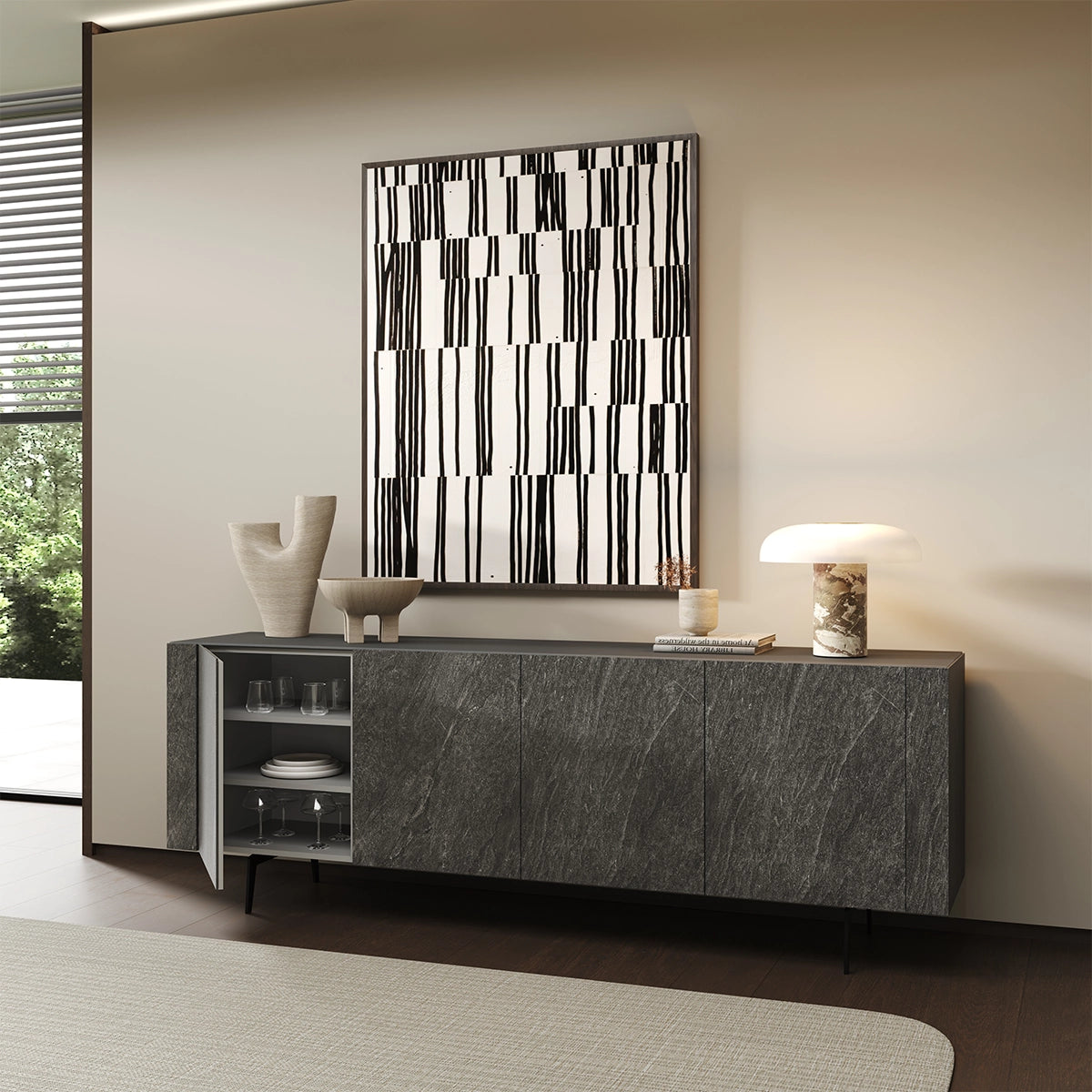 Comoda Nero – Sticla Mata si Accente Ceramice