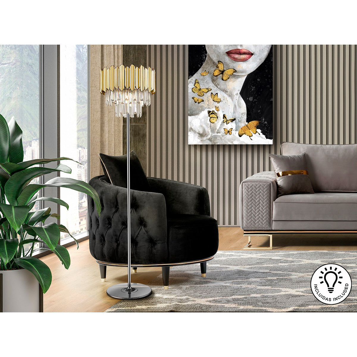 TIARA - LAMPĂ DE PODEAR 3 LĂȚI CROM-AURIT