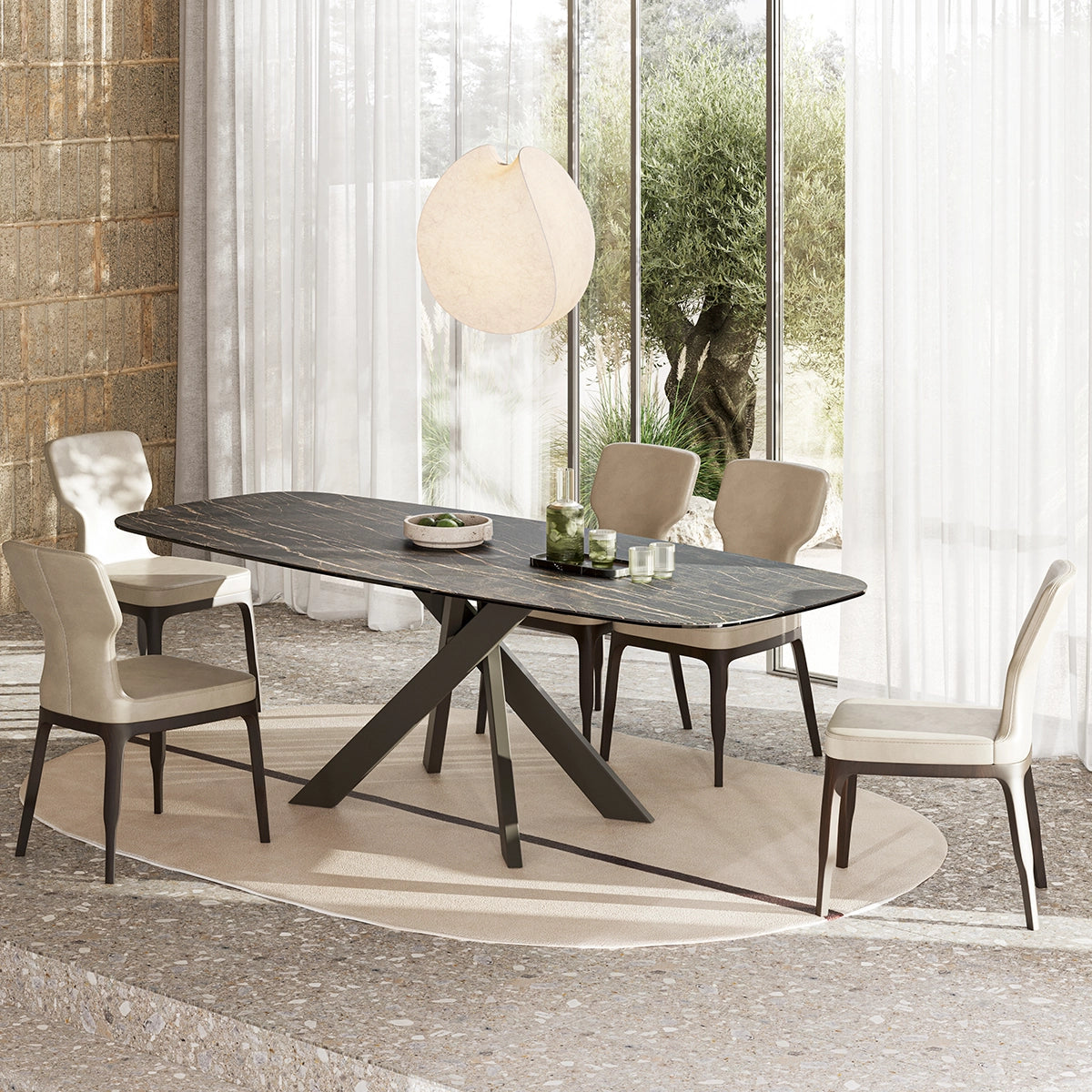 Masa Dining Avalon – Blat Ceramic si Sticla 12 mm cu Picioare Metalice