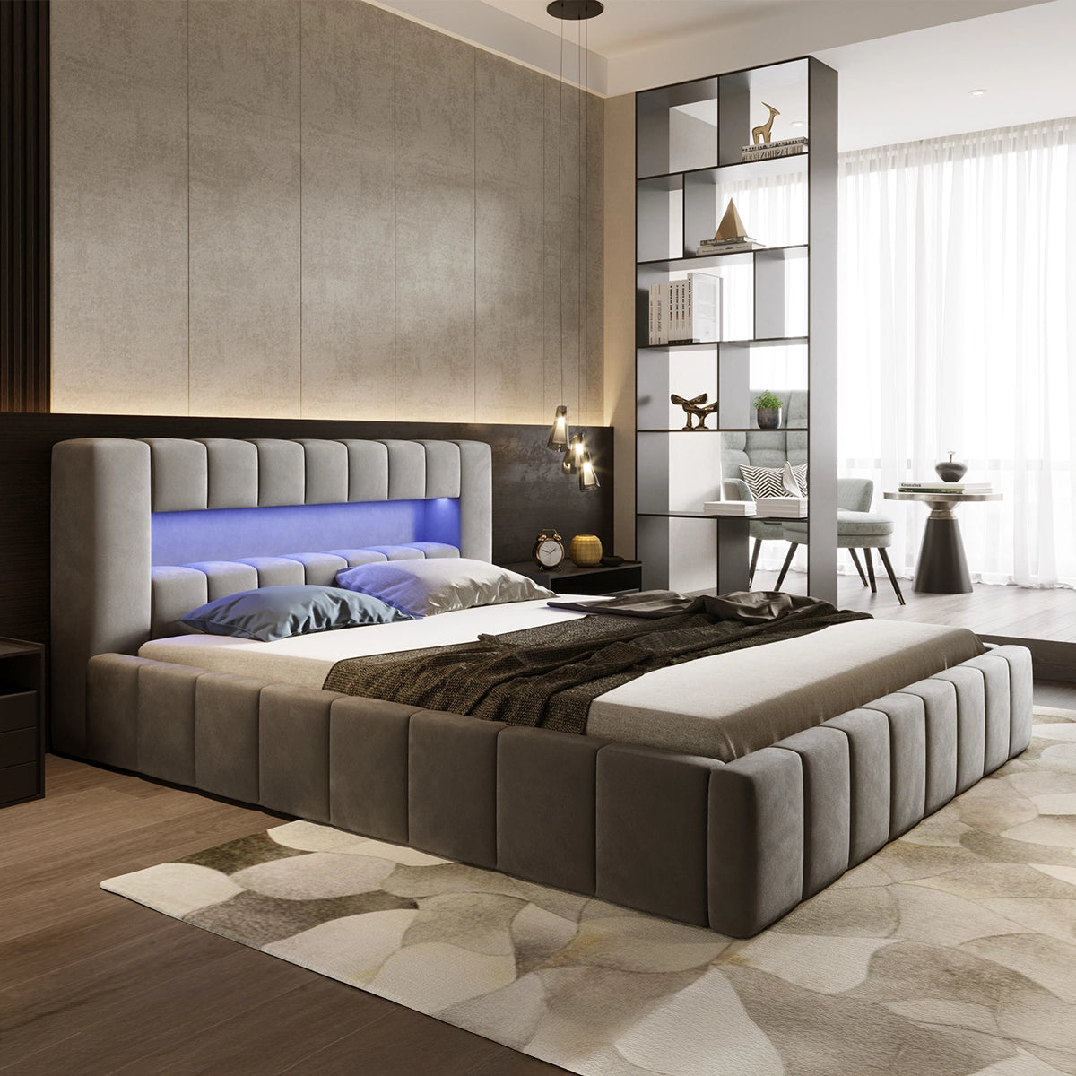 Pat Urbino, cadru metalic si suport saltea, tapitat textil, 140 x 200